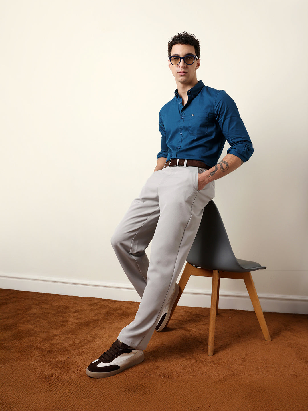 Teal Solid Cotton Slim Fit Casual Shirt