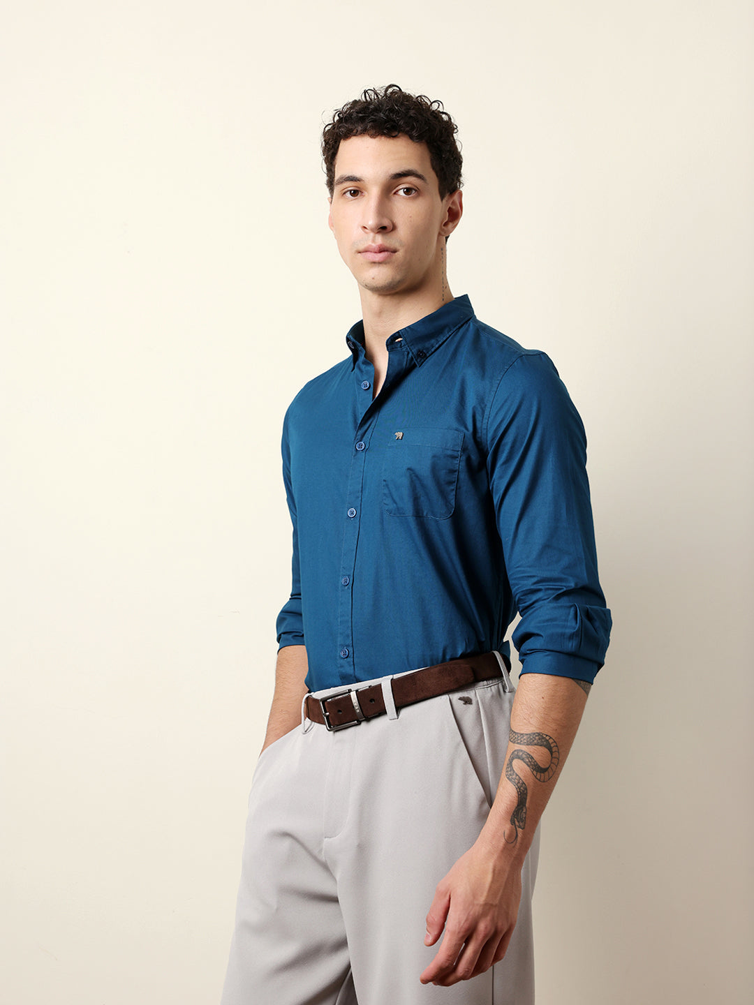 Teal Solid Cotton Slim Fit Casual Shirt