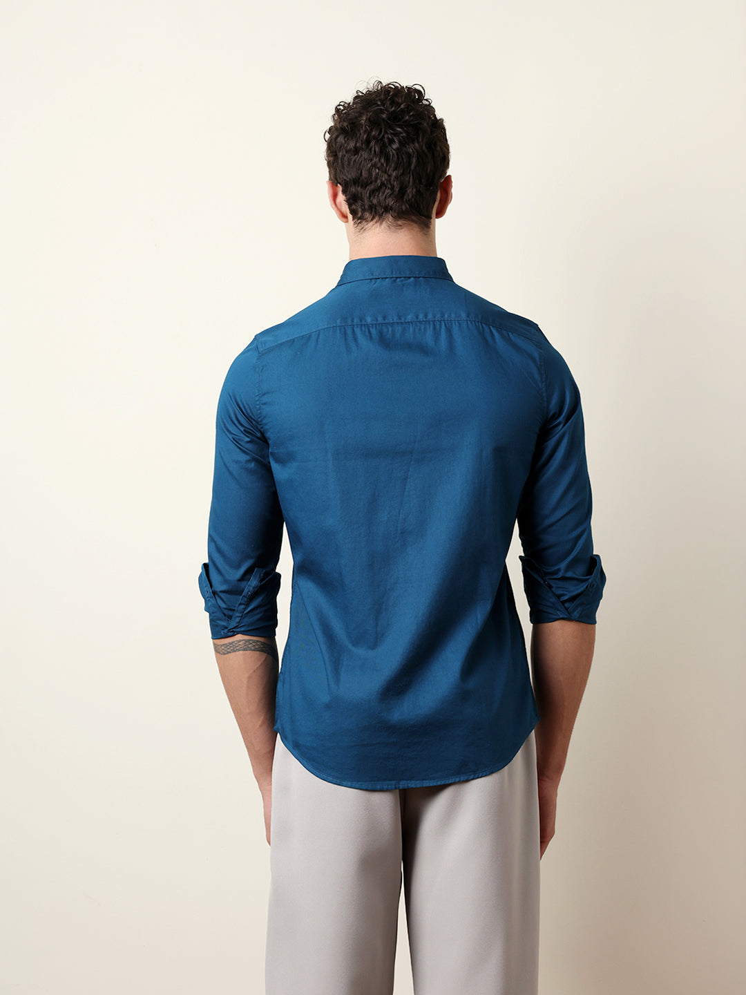 Teal Solid Cotton Slim Fit Casual Shirt