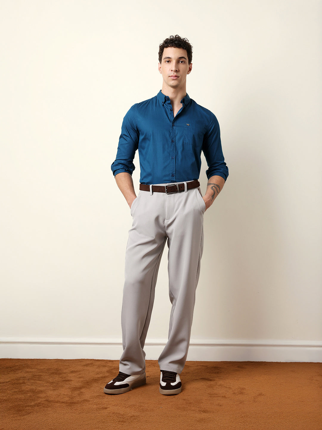 Teal Solid Cotton Slim Fit Casual Shirt