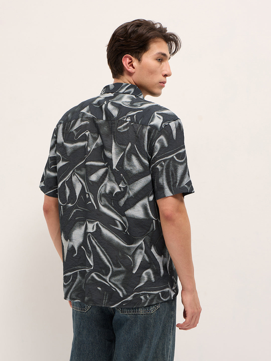 Black Digital Print Relaxed Fit Casual Shirt in Nylon Viscose