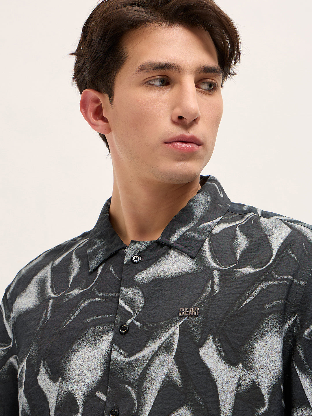 Black Digital Print Relaxed Fit Casual Shirt in Nylon Viscose