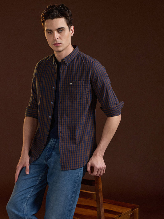Blue and Brown Checked Slim Fit Casual Shirt