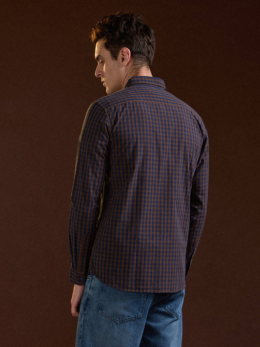 Blue and Brown Checked Slim Fit Casual Shirt
