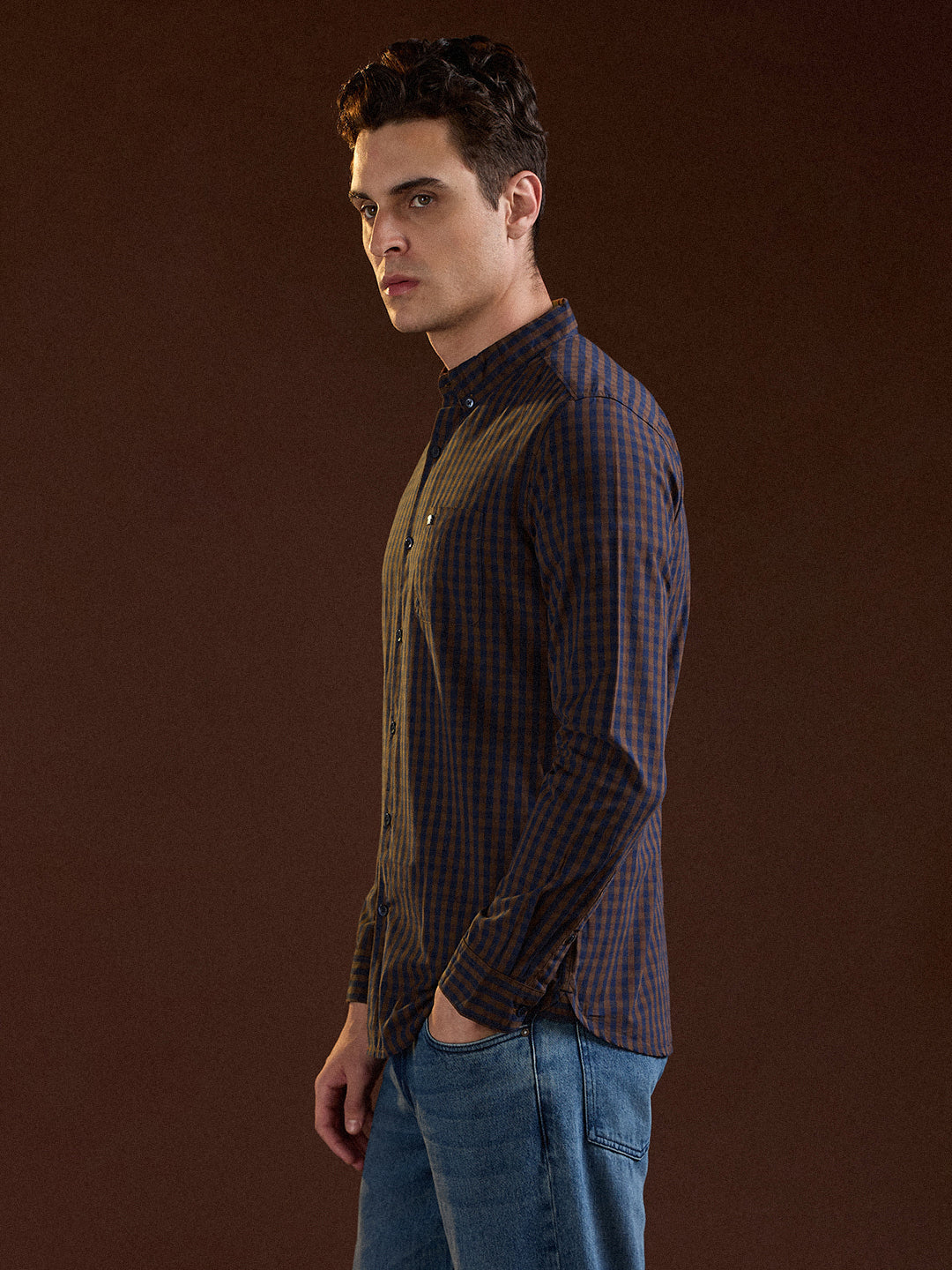 Blue and Brown Checked Slim Fit Casual Shirt