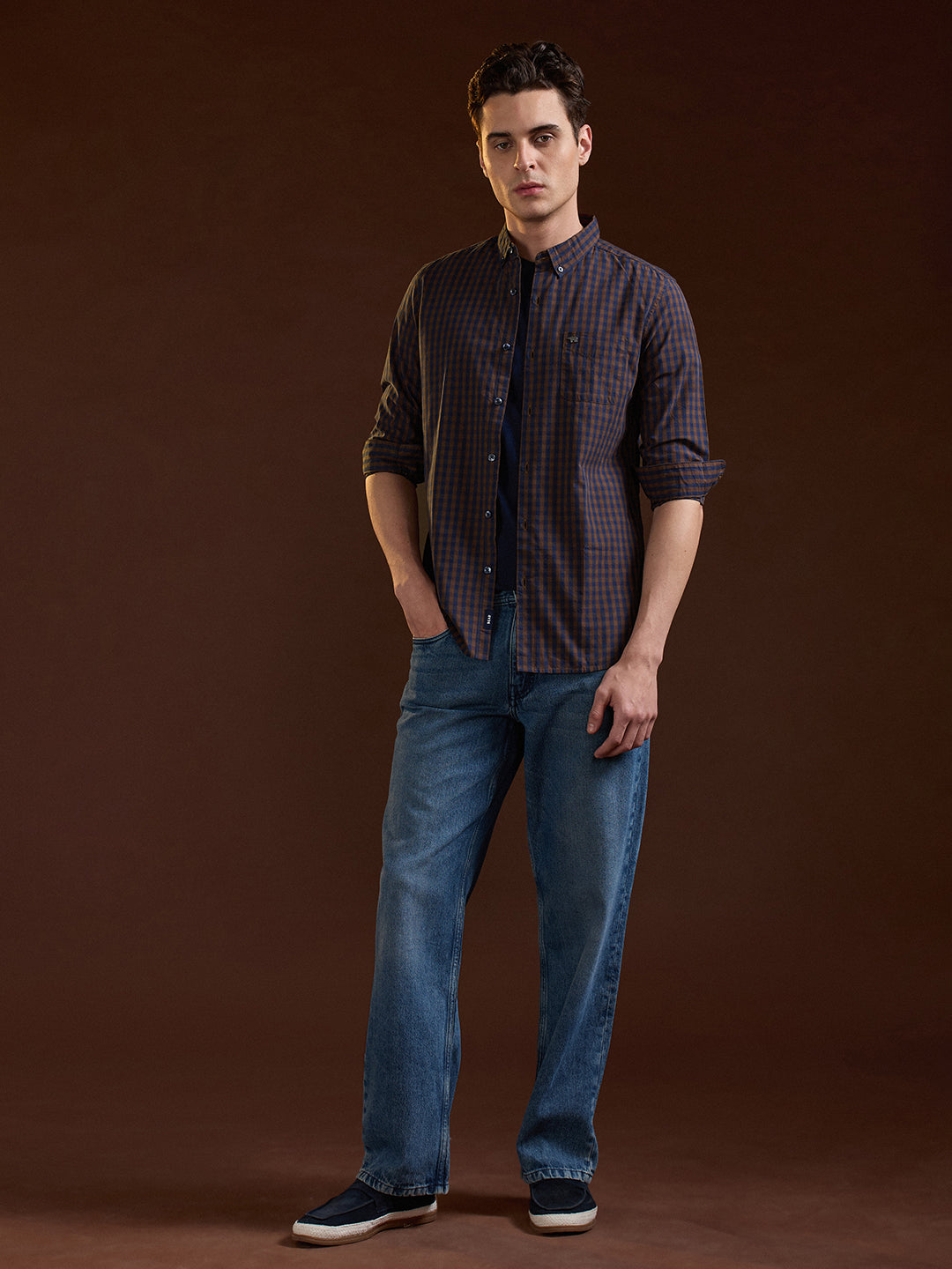 Blue and Brown Checked Slim Fit Casual Shirt