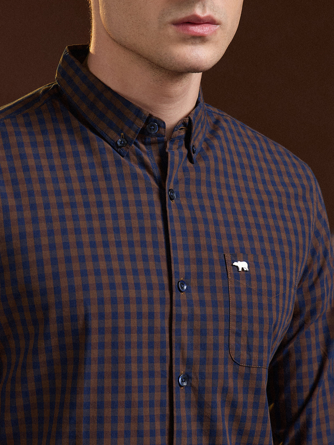 Blue and Brown Checked Slim Fit Casual Shirt