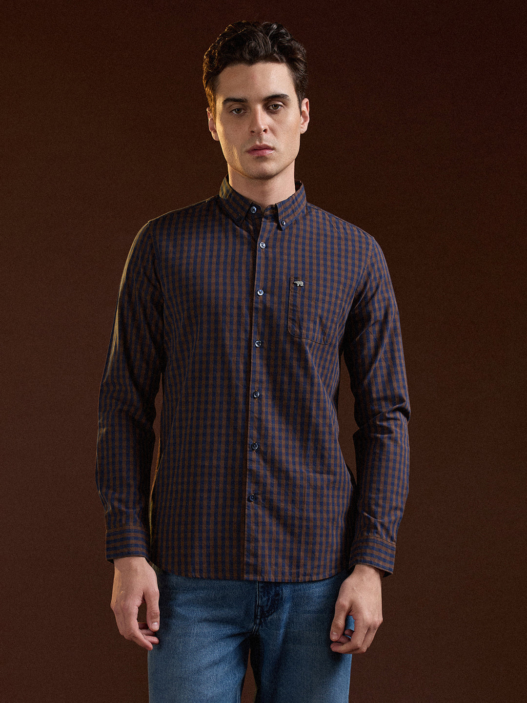 Blue and Brown Checked Slim Fit Casual Shirt