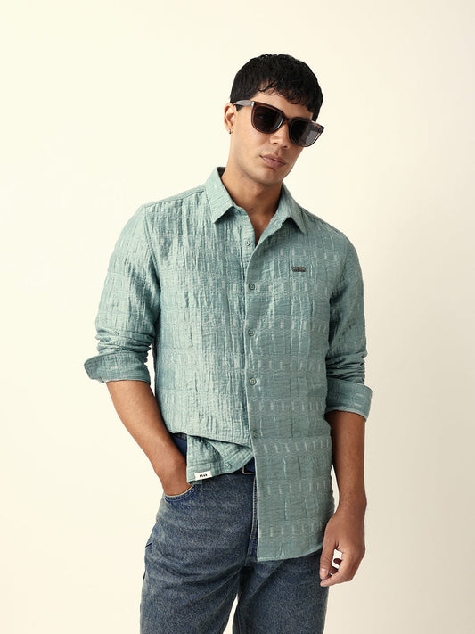 Light Green Textured Woven Self-Design Slim Fit Casual Shirt