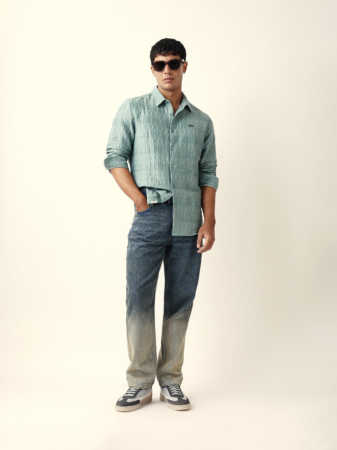 Light Green Textured Woven Self-Design Slim Fit Casual Shirt