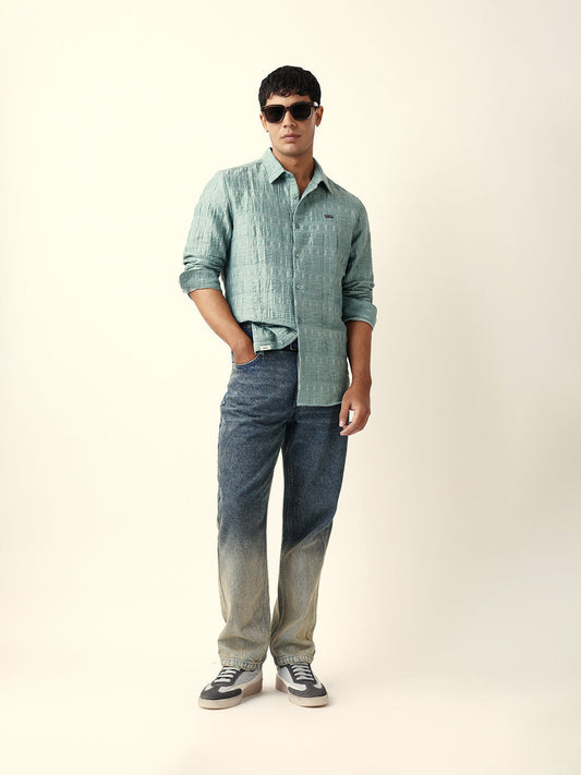 Light Green Textured Woven Self-Design Slim Fit Casual Shirt