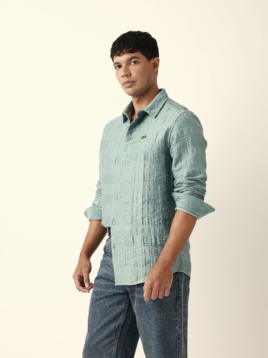 Light Green Textured Woven Self-Design Slim Fit Casual Shirt