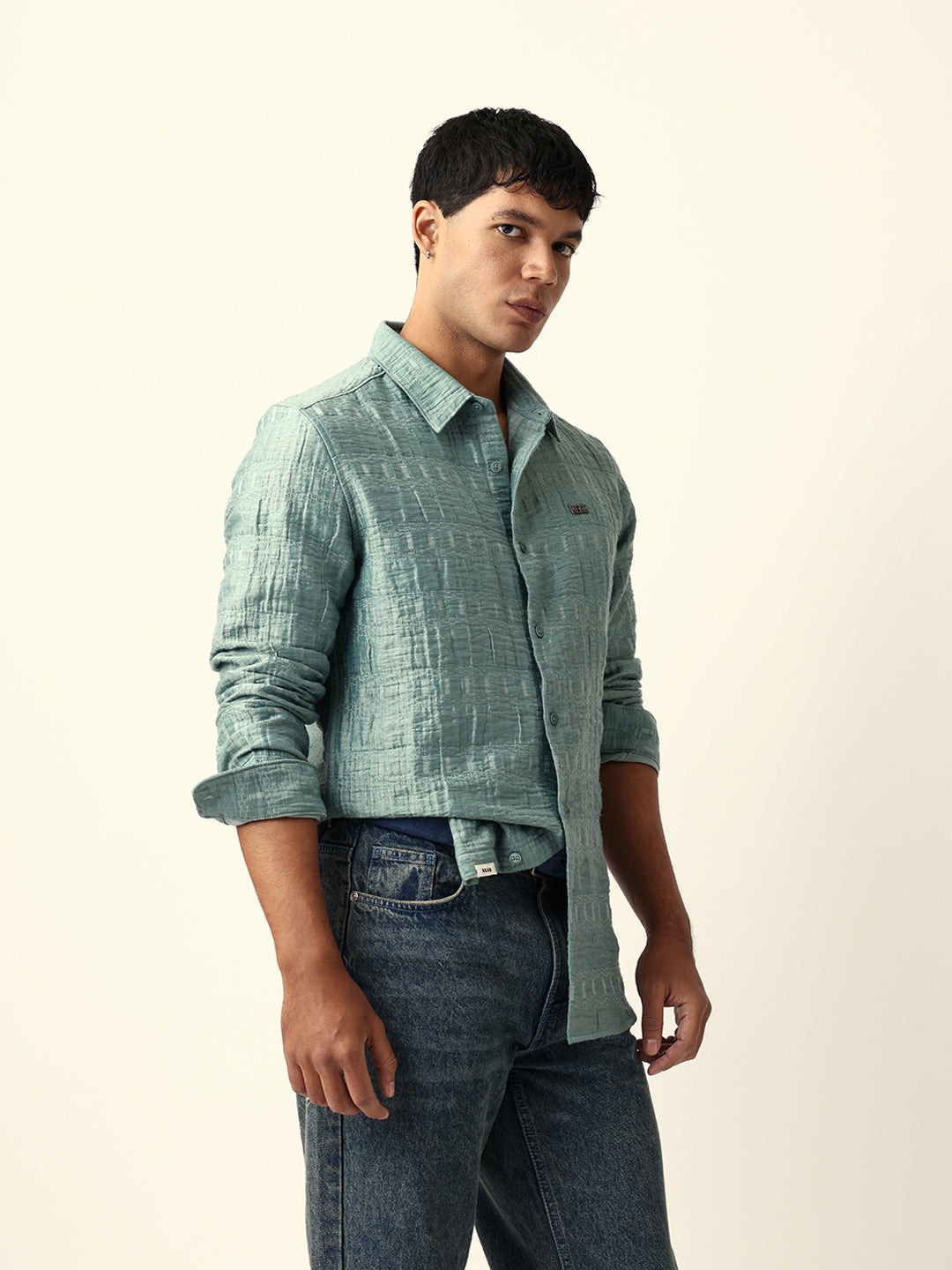 Light Green Textured Woven Self-Design Slim Fit Casual Shirt