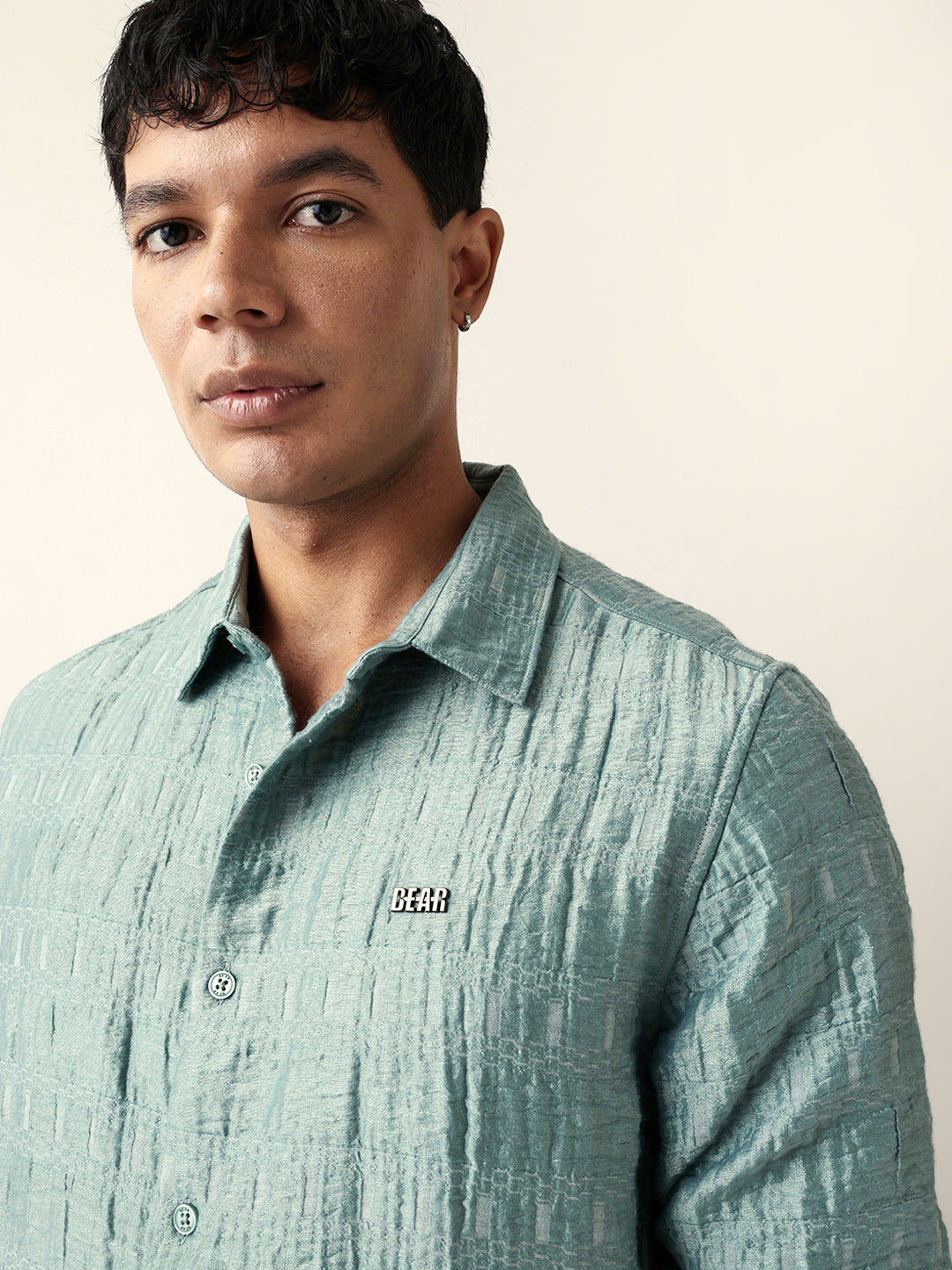 Light Green Textured Woven Self-Design Slim Fit Casual Shirt