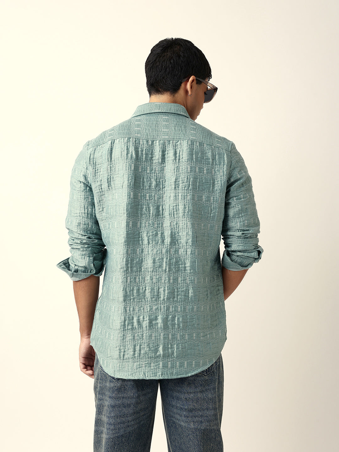 Light Green Textured Woven Self-Design Slim Fit Casual Shirt