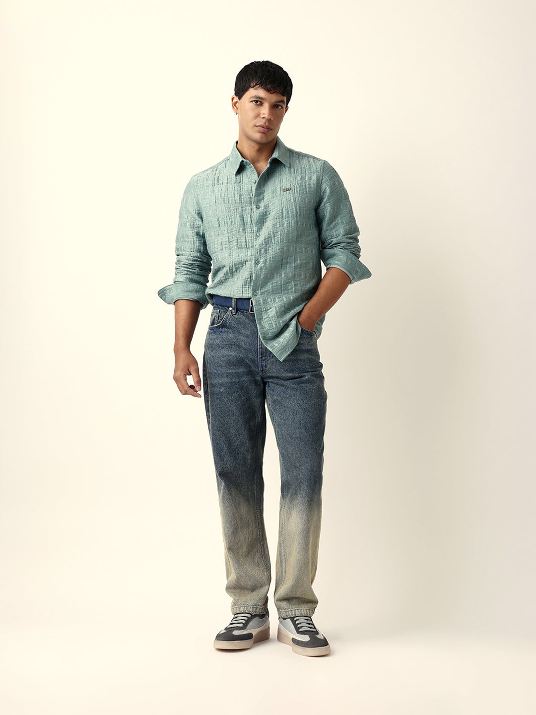 Light Green Textured Woven Self-Design Slim Fit Casual Shirt