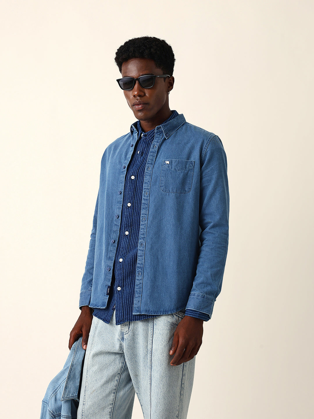 Blue Denim Slim Fit Casual Shirt with Button-Down Collar