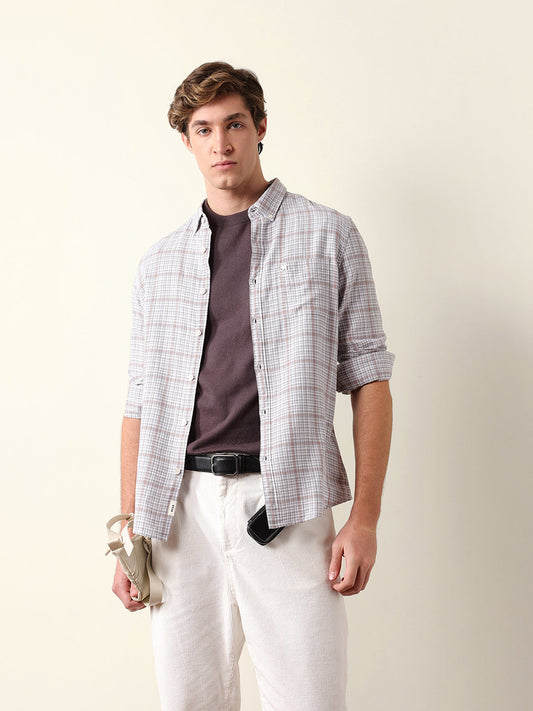 Grey Woven Micro-Checked Slim Fit Casual Shirt