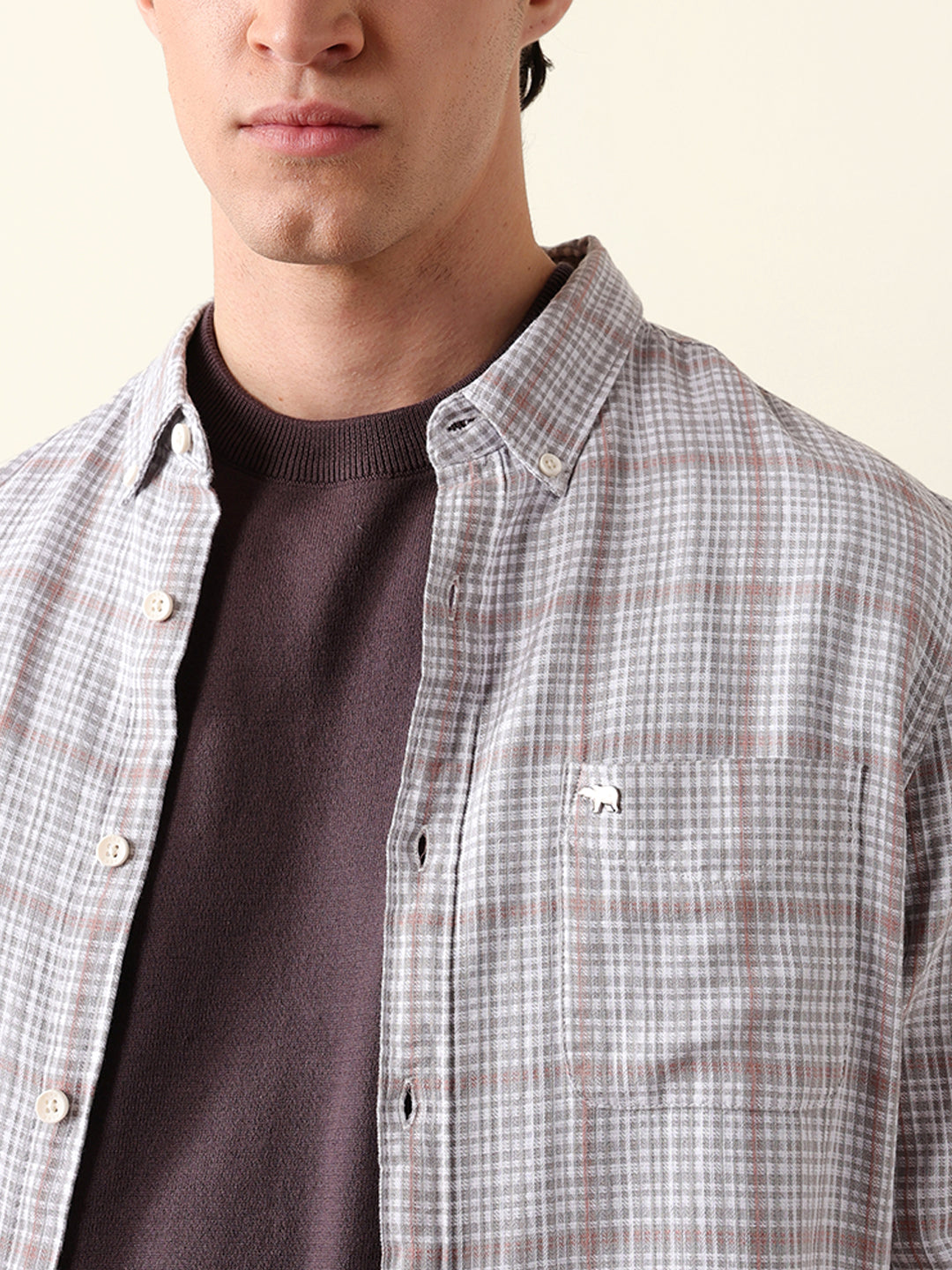 Grey Woven Micro-Checked Slim Fit Casual Shirt