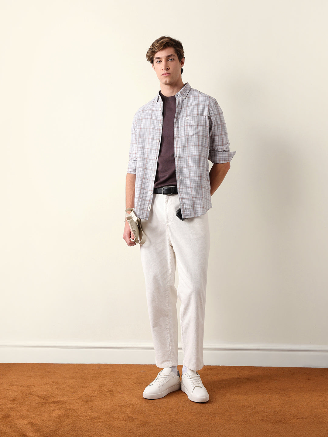 Grey Woven Micro-Checked Slim Fit Casual Shirt