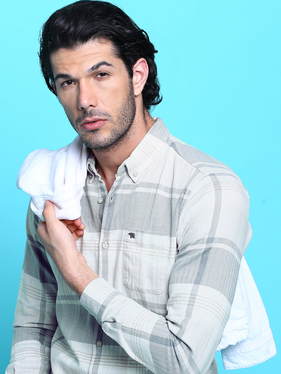 Men Slim Cream & Grey Checked Shirt