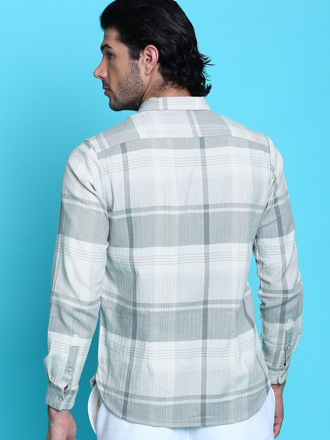 Men Slim Cream & Grey Checked Shirt