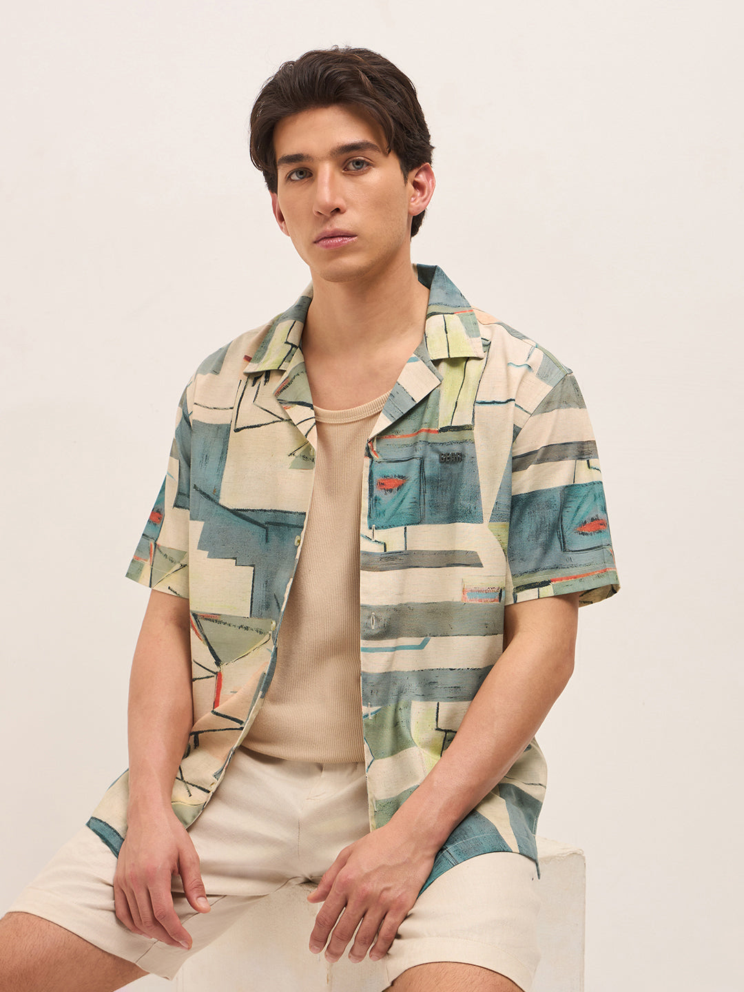 Multicolor Relaxed Fit Cuban Collar Shirt with Abstract Geometric Print