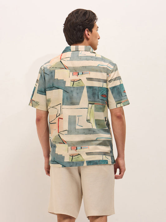 Multicolor Relaxed Fit Cuban Collar Shirt with Abstract Geometric Print