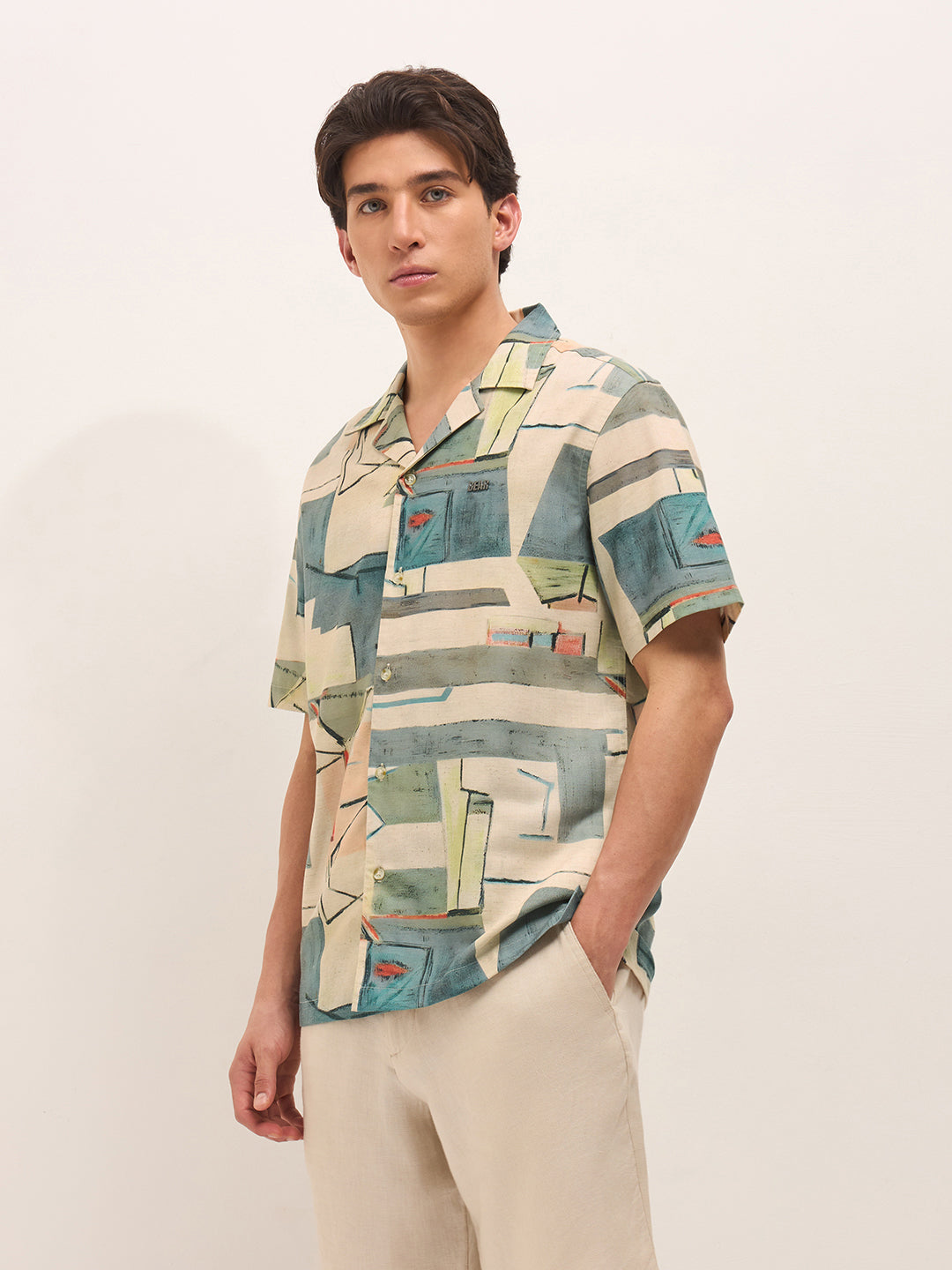 Multicolor Relaxed Fit Cuban Collar Shirt with Abstract Geometric Print