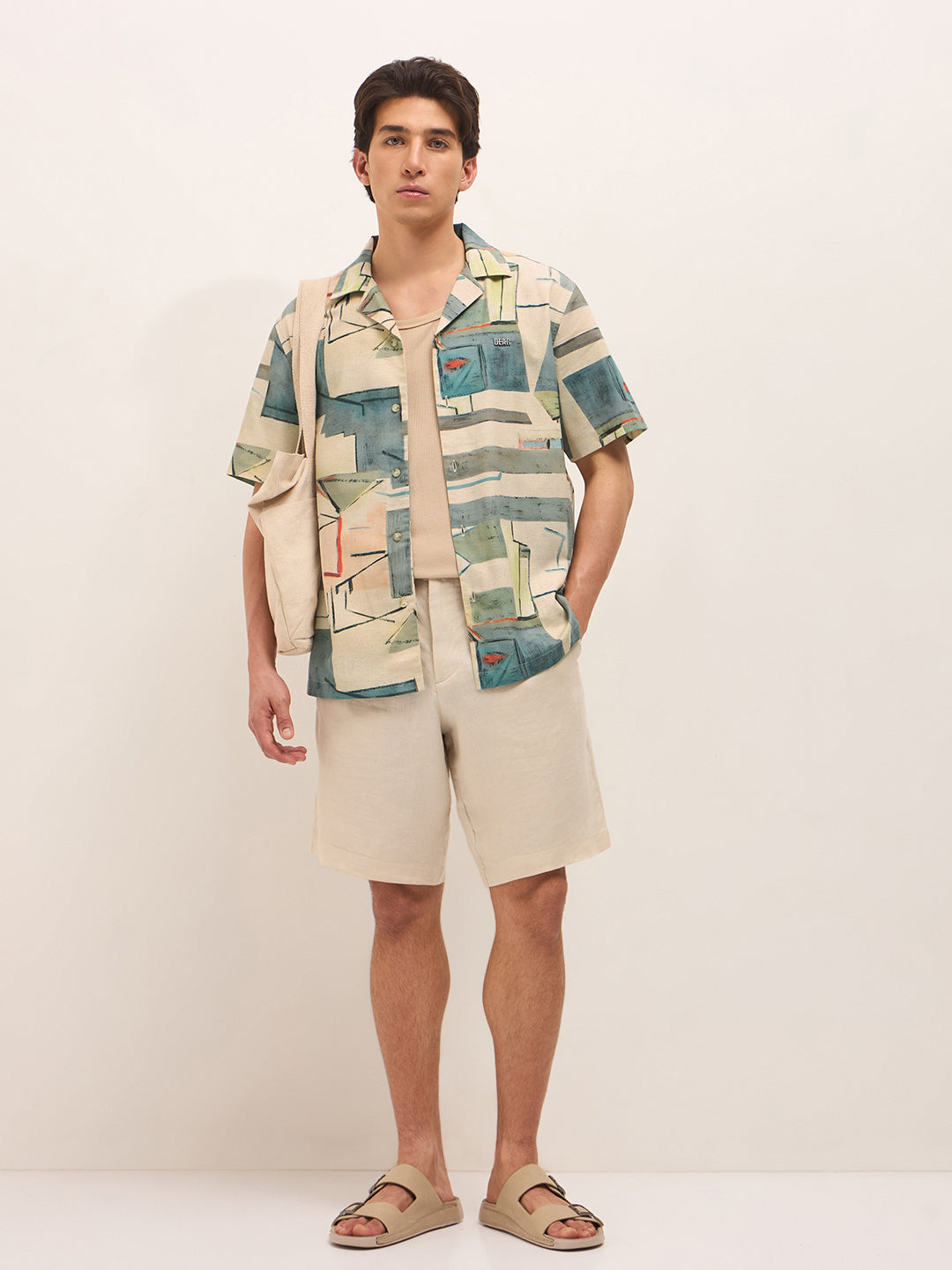 Multicolor Relaxed Fit Cuban Collar Shirt with Abstract Geometric Print