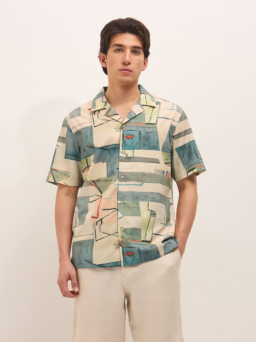 Multicolor Relaxed Fit Cuban Collar Shirt with Abstract Geometric Print
