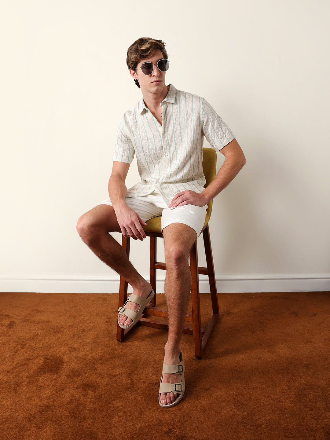Cream Vertical Stripe Regular Fit Casual Shirt