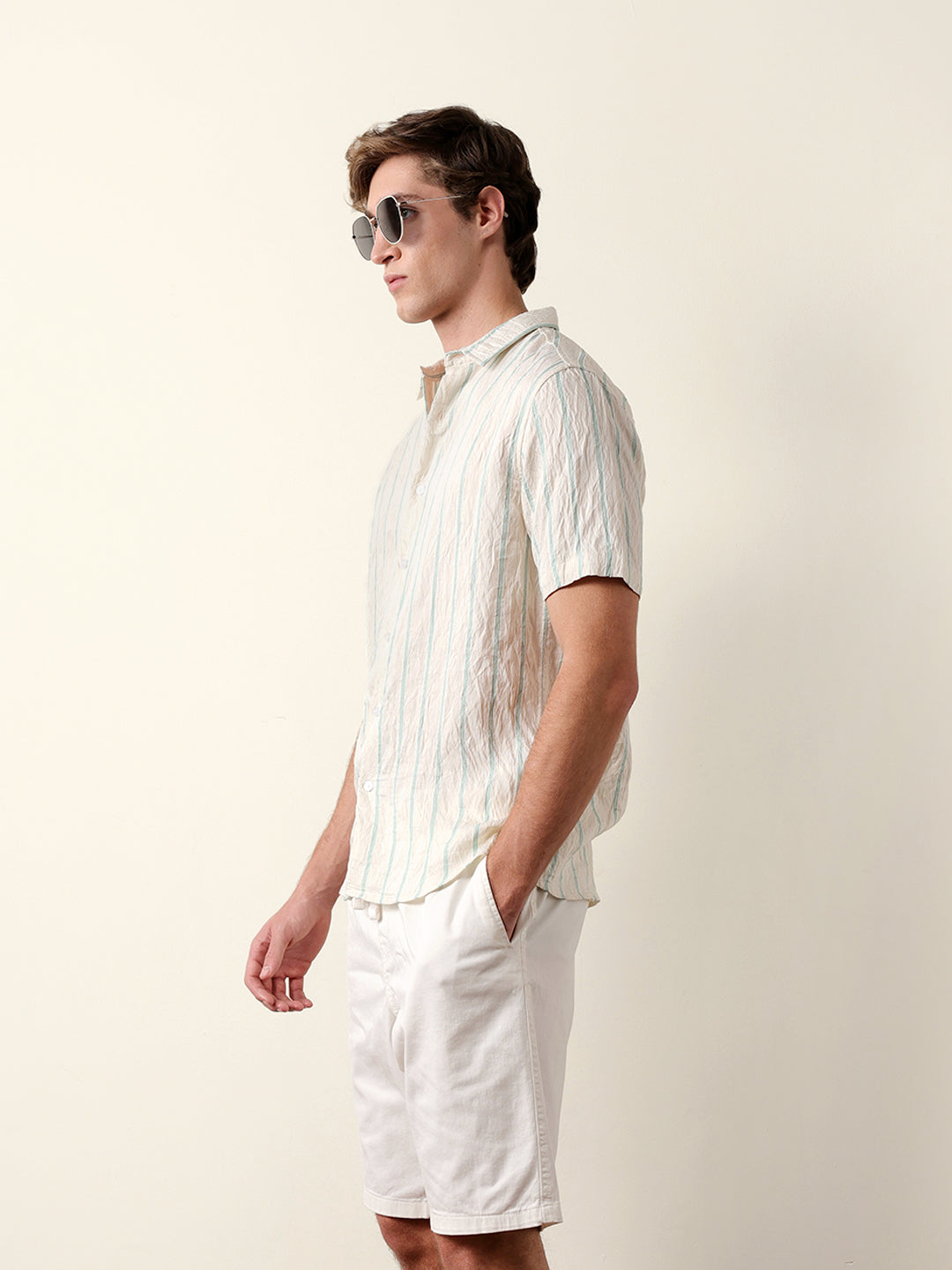 Cream Vertical Stripe Regular Fit Casual Shirt