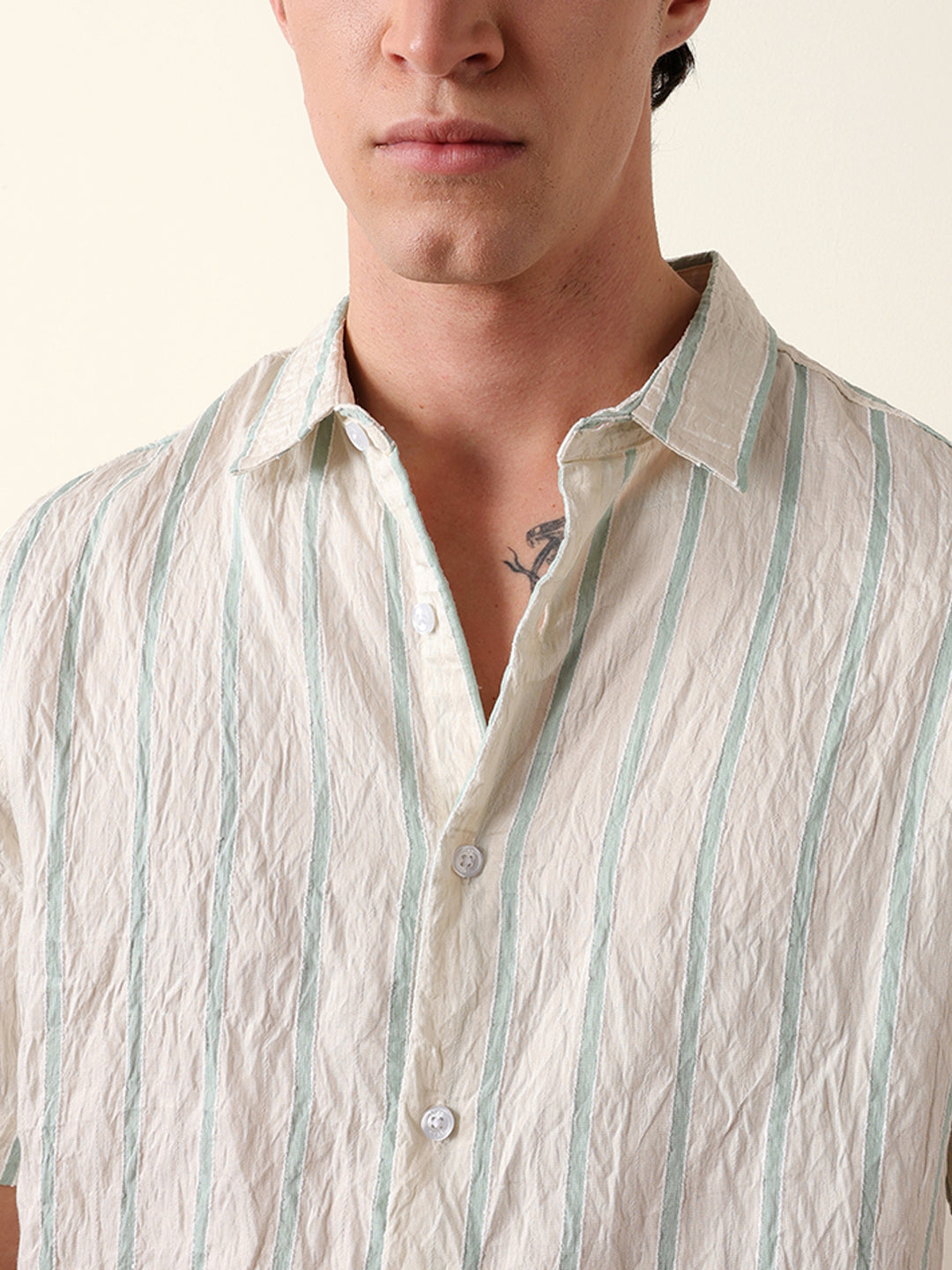 Cream Vertical Stripe Regular Fit Casual Shirt