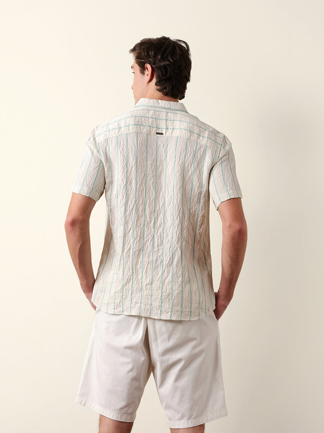 Cream Vertical Stripe Regular Fit Casual Shirt