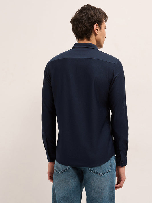 Navy Blue Woven Textured Regular Fit Casual Shirt