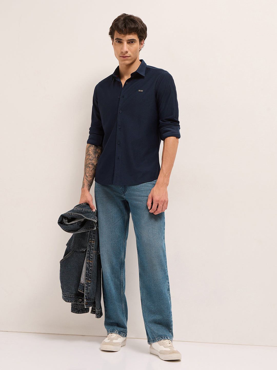 Navy Blue Woven Textured Regular Fit Casual Shirt