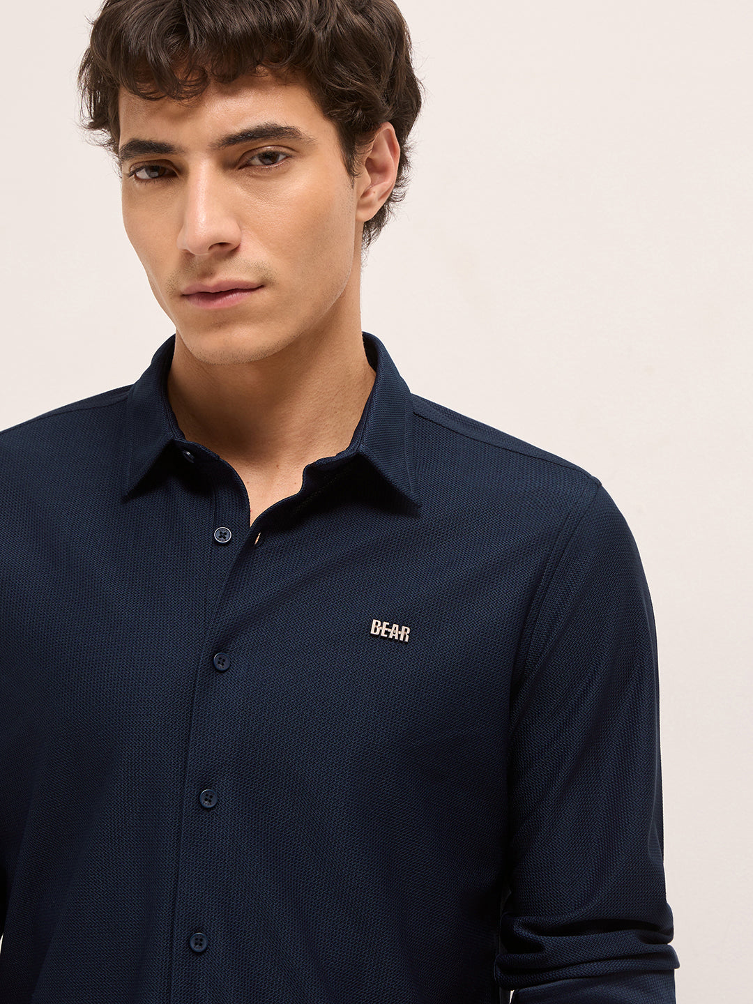 Navy Blue Woven Textured Regular Fit Casual Shirt