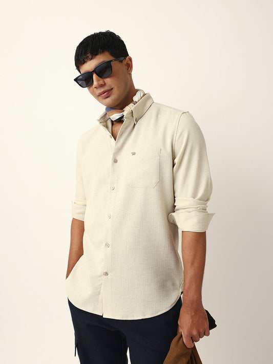 Cream Slub-Textured Woven Slim Fit Casual Shirt