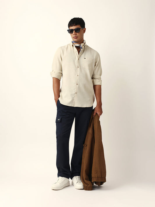 Cream Slub-Textured Woven Slim Fit Casual Shirt
