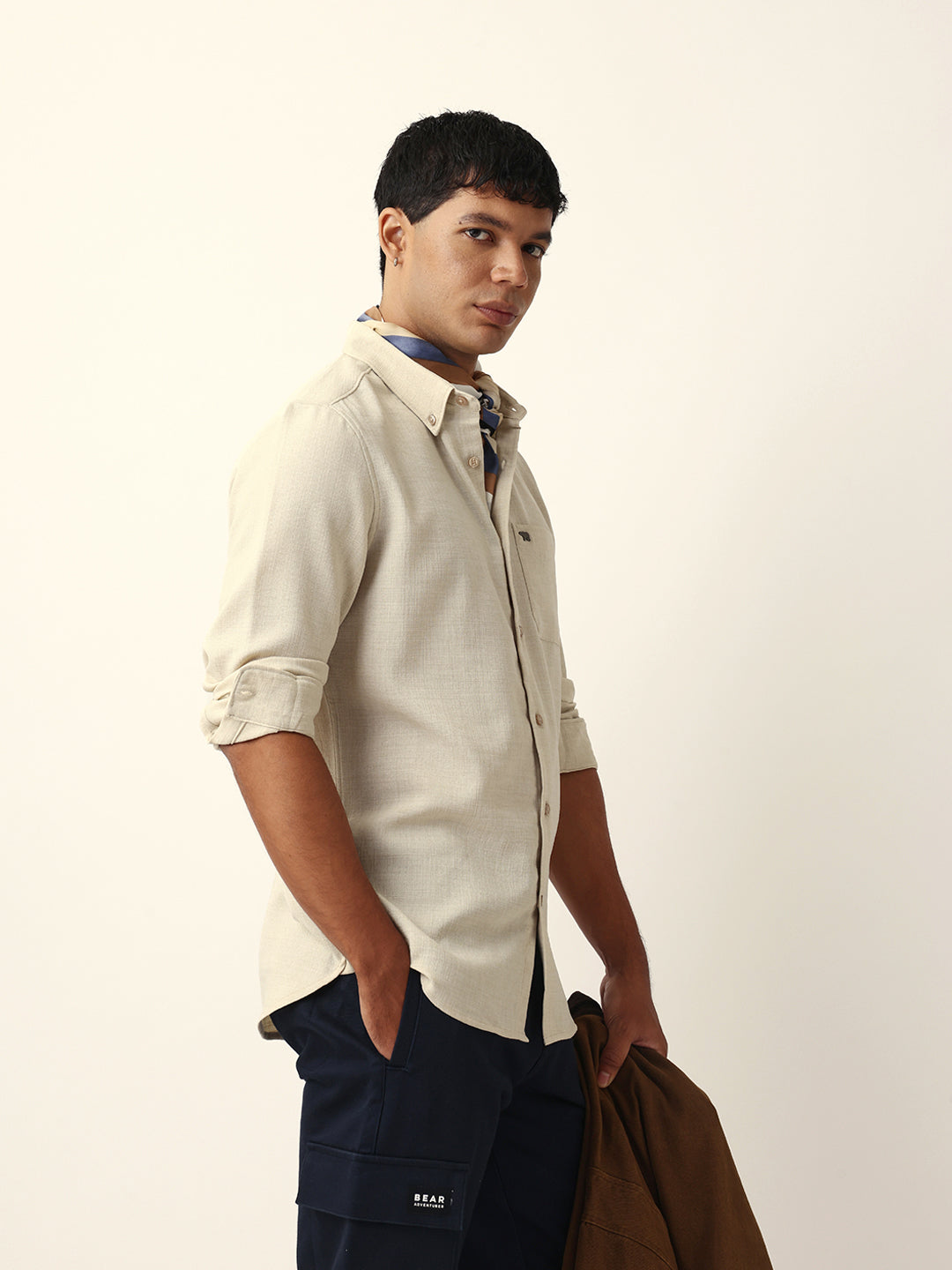 Cream Slub-Textured Woven Slim Fit Casual Shirt