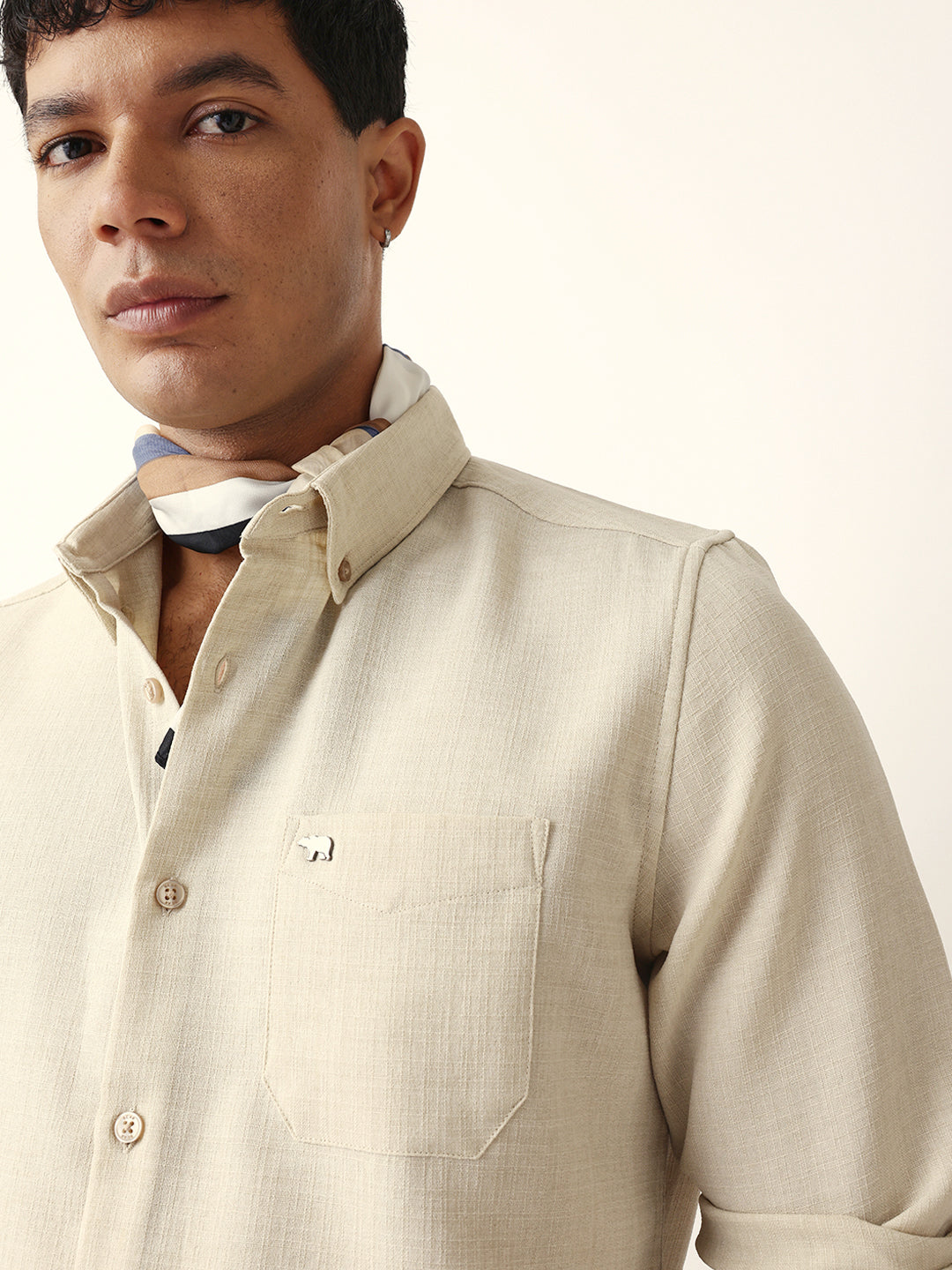Cream Slub-Textured Woven Slim Fit Casual Shirt