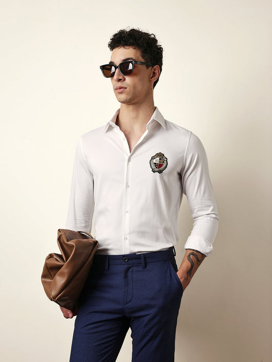 White Tailored Fit Classic Crest Embroidery Formal Party Shirt