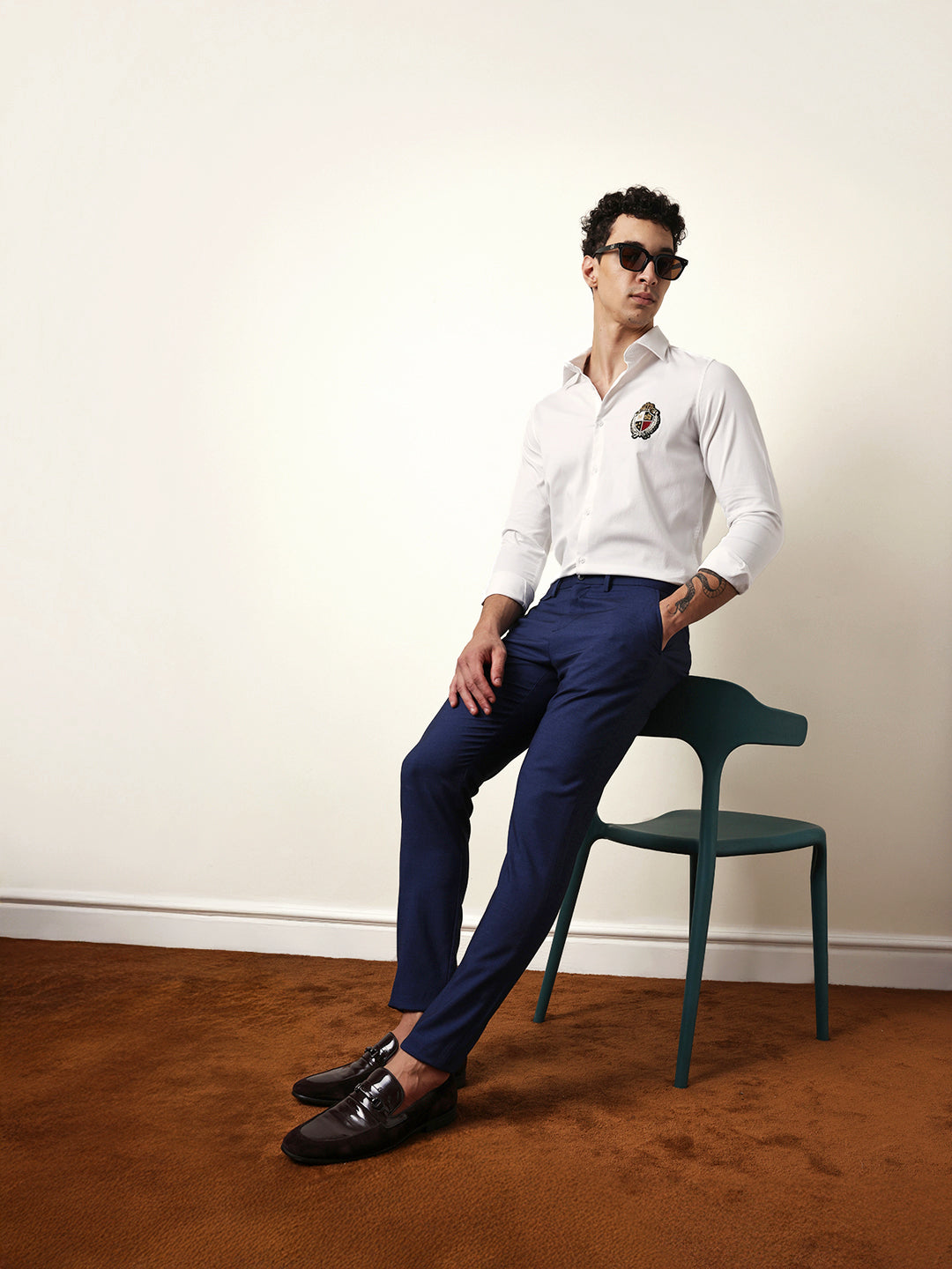 White Tailored Fit Classic Crest Embroidery Formal Party Shirt