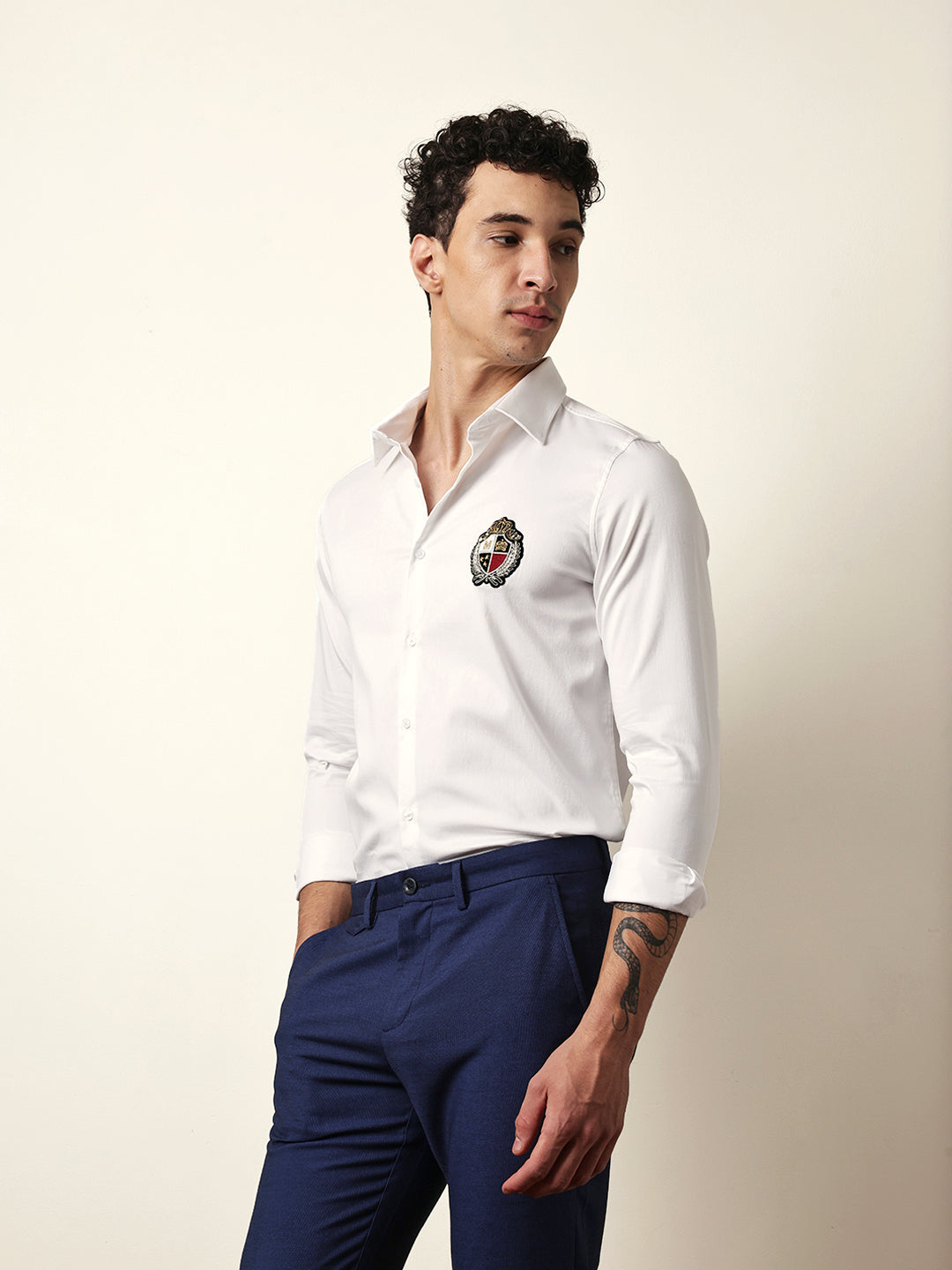 White Tailored Fit Classic Crest Embroidery Formal Party Shirt