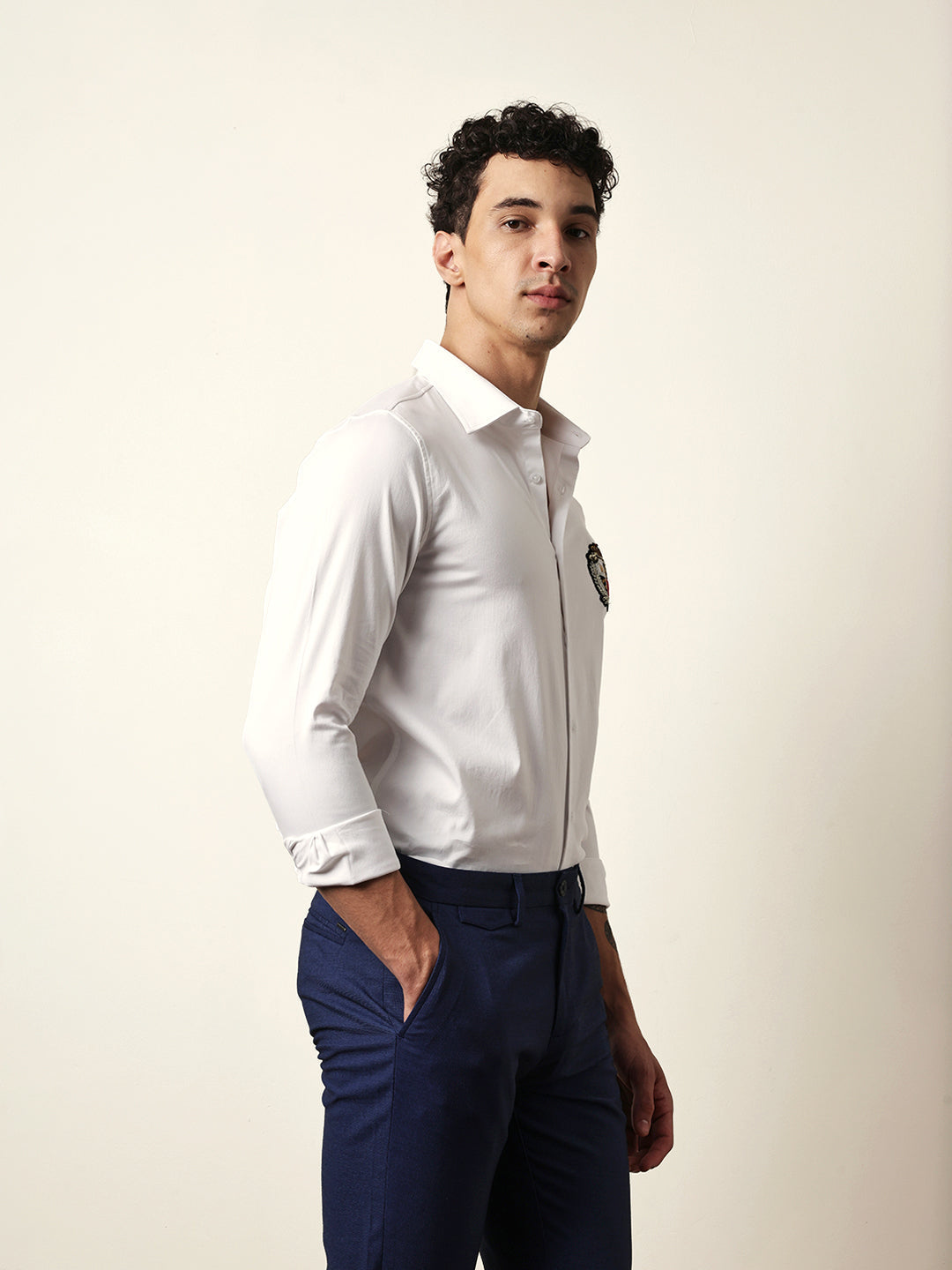 White Tailored Fit Classic Crest Embroidery Formal Party Shirt