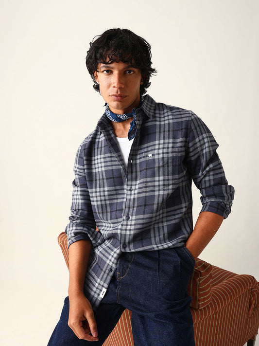 Blue Woven Checkered Slim Fit Casual Shirt