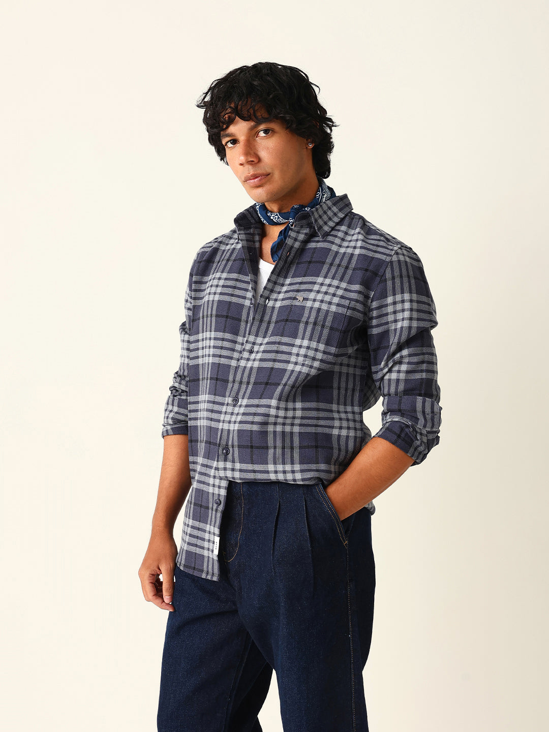 Blue Woven Checkered Slim Fit Casual Shirt