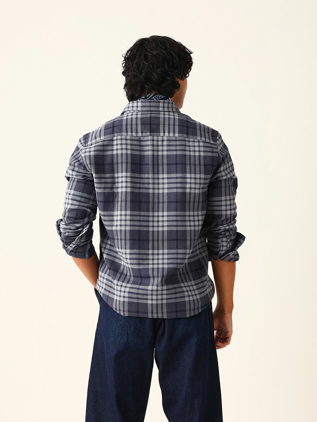 Blue Woven Checkered Slim Fit Casual Shirt
