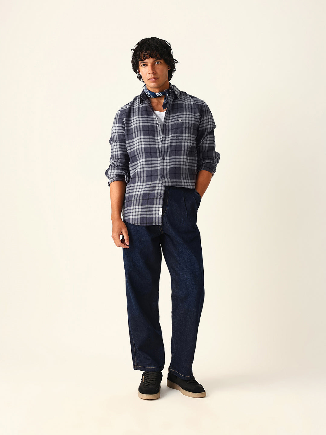 Blue Woven Checkered Slim Fit Casual Shirt